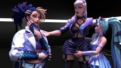 3d 3d_(artwork) 3girls akali blonde_hair blue_hair clothed clothes erevos evelynn female_only hugging image_set jacket k/da_all_out_akali k/da_all_out_evelynn k/da_all_out_seraphine k/da_all_out_series league_of_legends no_penetration seraphine_(league_of_legends) skirt teal_hair two_tone_hair white_hair yellow_eyes