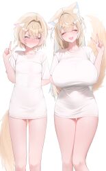 2girls animal_ears blonde_hair breast_envy breast_size_difference breasts cute female fuwamoco fuwawa_abyssgard hololive hololive_english hololive_english_-advent- huge_breasts large_breasts long_hair mococo_abyssgard petite prab short_hair sisters small_breasts t-shirt_only thick_thighs virtual_youtuber