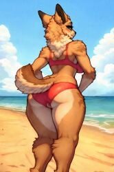 2024 ai_generated anthro beach bikini brown_body brown_fur canid canine canis clothing colored crotchless_clothing detailed domestic_dog female fur furry genitals hi_res lungfish1223 mammal nude presenting pussy raised_tail red_bikini sand sea seaside solo swimwear tagme water