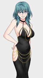 1girls alisa_(vallurite) alternate_costume bare_arms bare_shoulders black_choker black_dress blue_eyes blue_hair breasts byleth_(female)_(fire_emblem) byleth_(fire_emblem) byleth_(fire_emblem)_(female) choker cleavage commentary dress english_commentary feet_out_of_frame female female_only fire_emblem fire_emblem:_three_houses grey_background grin highres large_breasts long_hair looking_at_viewer meme_attire modakawa_dress nintendo simple_background sleeveless sleeveless_dress smile solo standing teal_hair