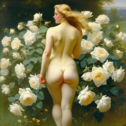 ai_generated ass back back_view blonde_hair curly_hair curvy female flower flowers lips long_hair medium_breasts nude presenting realistic rose_(flower) solo white_rose william_bouguereau