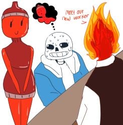 1girls 2boys 2d anonymous_artist breasts english_text female grillby hoodie humanoid ketchup ketchup_chan male meme monster_girl original sans sans_(undertale) sweating tagme talking text thought_bubble undertale undertale_(series) white_background white_shirt