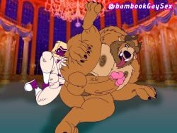 2boys anal anal_sex balls bambookgaysex bara beast_(disney) beauty_and_the_beast disney erect_penis erection gay male male_only muscular muscular_male penis tagme