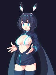 1girls black_clothing blue_eyes bra cyan_eyes djmax djmax_(series) djmax_respect female hair_ornament lena_(tapsonic/djmax) open_clothes pixel_art solo solo_female sweat sweating tagme white_bra