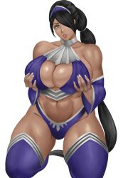 2d abs alternate_costume alternate_hairstyle big_ass big_breasts braided_hair cleavage holding_breast kitana kitana_(mk9) maskless mortal_kombat mortal_kombat_(2011) muscular muscular_female navel palemancer palemaster ponytail sitting thick_thighs thighhighs thunder_thighs