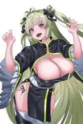 1girls chinese_dress cleavage female_only fully_clothed goddess_of_victory:_nikke green_hair large_breasts long_hair open_mouth purple_eyes soda_(nikke) thighs upper_teeth white_background