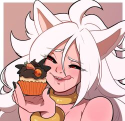 1girls ahoge android_21 android_21_(evil) black_sclera blush bracelet cat_ears collar cupcake dragon_ball dragon_ball_fighterz drooling female female_only food hi_res kinkymation licking_lips long_hair majin majin_android_21 narrowed_eyes pink_body pointy_ears red_eyes smiling solo white_hair