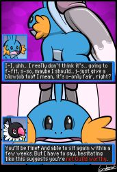 2020 2_panel_comic ambiguous_gender anthro ass big_penis black_border black_eyes blue_body blue_butt blue_skin bodily_fluids border chatot chatot_(eotds) circumcised dialogue duo english_text erection exclamation_point fin front_view frown fur generation_1_pokemon generation_3_pokemon generation_4_pokemon genitals glans guildmaster_wigglytuff head_fin hesitant huge_cock humanoid_genitalia humanoid_penis imminent_anal imminent_sex lorderat male male/male male_(lore) mudkip nintendo nude open_mouth penis pink_body pink_fur pink_glans pink_penis pokemon pokemon_(species) pokemon_mystery_dungeon purple_background question_mark sequence shocked side_view simple_background spike_chunsoft stuttering surprise sweat sweatdrop text text_box tongue unsure wigglytuff