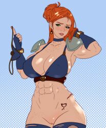 1girls 2d abs armor armored_female bikini_armor blue_background blue_clothing blush blushing bracelet choker clothed clothed_female clothing earrings embarrassed female freckled_skin freckles freckles_on_breasts freckles_on_chest freckles_on_face freckles_on_shoulders freckles_on_thighs ginger ginger_hair green_eyes half_updo hand_in_hair holding_object holding_panties huge_breasts long_hair marci(simpbot2k) muscular_female oc panties panties_removed ponytail presenting_panties red_hair ripped_clothing scar shadow simpbot2k simple_background solo standing sunlight