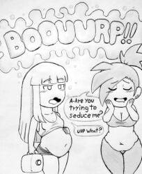 belly_expansion black_and_white bloated bloated_belly bloated_stomach bloated_tummy burp burping female_only multiple_girls ronic_lagann sketch stuffed_belly