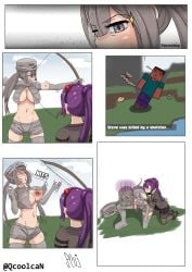 1boy 2girls ayumi_(mob_talker) big_breasts bow clothing grey_eyes grey_hair hair_ornament hat hurt jacket minecraft mob_talker okamisanz open_clothes ponytail purple_hair revealing_clothes silver_eyes silver_hair skeleton_(minecraft) spider_(minecraft) stockings twintails