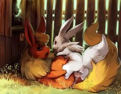 1boy 1girls 2010 balls detailed_background eevee eeveelution female feral feral_on_feral flareon furry knot pokémon_(species) pokemon pokemon_(species) purplekecleon shiny_pokemon size_difference tail