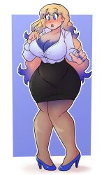 1girls 2b_labs big_ass big_breasts black_skirt blonde_hair blue_eyes blue_hair blue_heels blue_skin blueberry_inflation hair_color_change hair_turning_blue inflation light-skinned_female skin_color_change skin_turning_blue thin_waist wide_hips