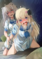 2girls ahoge animal_ear_fluff animal_ear_piercing animal_ears arm_grab bed blonde_hair blue_neckerchief blue_sailor_collar blush clothed_sex doggy_style fumihiko_(pixiv2658856) grabbing_another's_arm grey_eyes grey_hair hair_between_eyes hair_ornament hairclip heart heart-shaped_pupils highres holoforce holohoneygaoka_high_school_uniform holohoneygaoka_koukou hololive hololive_gen_5 hololive_japan horns indoors lion_ears lion_tail long_hair multiple_girls neckerchief official_alternate_costume on_bed open_mouth purple_eyes sailor_collar saliva saliva_drip saliva_trail school_uniform sex sheep_horns shirt shishiro_botan skirt symbol-shaped_pupils tail tears teeth tsunomaki_watame virtual_youtuber white_shirt white_skirt yuri