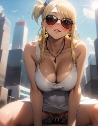ai_generated breasts_focus cleavage fairy_tail large_breasts lucy_heartfilia new_york_city orgasm partial_male payop pressed_against sunglasses vacation vaginal_sex