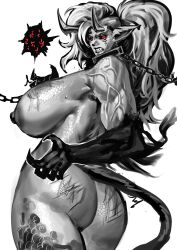 angry big_ass big_breasts big_female bondage bound bubble_butt chained curvy curvy_body curvy_female curvy_figure demon demon_girl demon_horns demon_tail horns leash looking_at_viewer muscular_female muscular_male tagme veins virgoart1509 voluptuous voluptuous_female