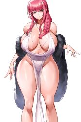 breasts commission dress gurimjang huge_breasts jewelry long_hair navel no_bra no_panties plump side_ponytail skimpy thick_thighs white_background