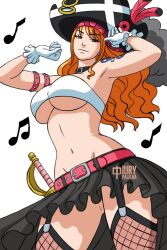 1girls belt big_breasts breasts brown_eyes choker crop_top curvy curvy_figure dress dress_lift female female_only fishnet_stockings fishnets frills garter_belt gloves halterneck iury_padilha long_hair looking_at_viewer nami navel one_piece one_piece_film_red orange_hair pirate pirate_hat plume short_skirt shoulder_tattoo skimpy skimpy_clothes skirt slim slim_waist smile solo sword tattoo thick_thighs tricorne tricorne_hat underboob