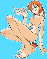 completely_nude completely_nude_female female female_only leaning_on_hand looking_at_viewer nami okay_sign one_piece orange orange_hair pantsu_ripper pre-timeskip red_hair tattoo tattooed_arm