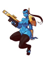 1girls alien alien_girl big_breasts blazbaros blue_skin melee_joke nude_female tau warhammer_(franchise) warhammer_40k weapon