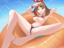 1girls 2022 alternate_breast_size bikini blue_eyes breasts brown_hair commission female female_only hips honeym huge_breasts long_hair may_(pokemon) may_(pokemon_oras) nintendo outdoors pokemon pokemon_oras red_bikini slim_waist smile solo thick_thighs thighs wide_hips