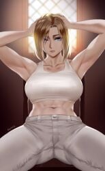 1girls annie_leonhardt attack_on_titan blonde_hair blue_eyes crop_top easonx exposed_shoulders female_focus female_only hands_on_head muscular_female open_legs perky_nipples solo voluptuous white_pants white_shirt white_skin