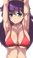 1girls armpits arms_up athena_(series) big_breasts bikini blue_eyes blush breasts busty cleavage female female_only large_breasts long_hair looking_at_viewer navel open_mouth princess_athena purple_hair red_bikini sensual snk sweat swimsuit underboob