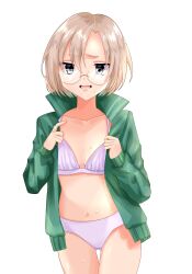 1girls ass_visible_through_thighs attack_on_titan belly_button blonde_hair collarbone gekiatu__6w6 glasses midriff open_mouth open_shirt partially_clothed pink_bra pink_panties rico_brzenska shingeki_no_kyojin short_hair sweat thighs