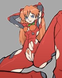 1girls arms_behind_head asuka_langley_sohryu blue_eyes blush bodysuit clothing concerned exposed exposed_pussy female female_only hair_ornament neon_genesis_evangelion pantsu_ripper plugsuit pubic_hair red_hair ripped_bodysuit ripped_clothing skin_tight solo torn_clothes