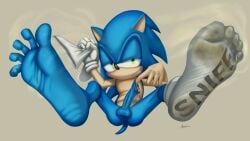 alakser anthro barefoot blue_body blue_skin clothing eulipotyphlan feet foot_fetish footwear foreskin_play genitals green_eyes hedgehog hi_res male male_only mammal penis sega socks solo sonic_(series) sonic_the_hedgehog sonic_the_hedgehog_(series)