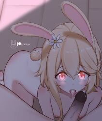 1boy 1girls absurd_res after_oral ai_upscaled all_fours areola areolae barely_visible_breasts blonde_hair breasts bunny_ears bunny_girl bunny_tail bunnygirl cum cum_in_mouth cute eye_contact fellatio female female_focus hands-free high_res high_resolution highres indie_virtual_youtuber lewdlux lewdlux_(vtuber) ludicrous_res nipple nipples oral oral_sex pale-skinned_female penis pov rabbit_ears red_hair small_breasts teenager tongue_out upscaled virtual_youtuber