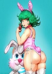 1girls ass big_ass big_butt bunny bunny_ears bunnysuit butt chocolate easter eye_contact female_focus female_only green_eyes grey_fur holidays keigi_(artist) legwear looking_at_viewer one-punch_man short_hair solo standing tatsumaki thick_thighs thighhighs thighs