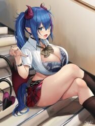 annoyed_expression blue_hair bra_cups_sticking_out bursting_breasts crossed_legs heart_tail horns huge_breasts kneehighs oekakizuki on_stairs plaid_skirt pleated_skirt sitting skin_fang succubus tagme thick_thighs