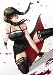 1girls 2022 assassin big_breasts black_dress black_hair blood blood_splatter breasts cleavage cloverworks curvy curvy_female dress female female_only hair_ornament knives petals red_eyes rose ryuuneart shounen_jump shounen_jump+ slim_waist solo spy_x_family stiletto_(weapon) thick_thighs thorn_princess white_background wit_studio yor_briar