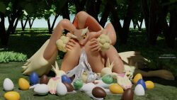 3d 3d_(artwork) abs anthro ass bodily_fluids brown_body brown_fur digital_media_(artwork) duo easter egg erie51 female fur grass hi_res holidays long_ears looking_at_viewer lopunny nintendo outside pink_eyes plant pokémon_(species) pokemon pokemon_(species) spread_butt spreading sweat tree video_games yellow_body yellow_eyes yellow_fur