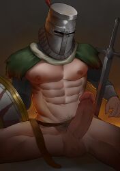 1boy abs belt big_penis bottomless chainmail circumcised dark_souls erection fromsoftware functionally_nude fur_collar fur_trim helmet knight male male_only male_pubic_hair mask masked masked_male mostly_nude muscular muscular_male pecs penis presenting presenting_penis pubic_hair saury solaire_of_astora solo spread_legs sword uncensored veiny_penis