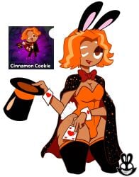 1boy bowtie brown_eyes bulge bunny_ears bunnysuit christomwow cinnamon_cookie clothed cookie_run femboy feminine_male horny magician male male_only one_eye_closed orange_hair penis_bulge penis_under_clothes simple_background solo stockings thick_thighs top_hat white_background wink