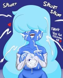 alternate_version_available big_lips blue_hair blue_skin bukkake cum cum_drip cum_in_hands cum_in_mouth cum_on_breasts cum_on_face d_(artist) dialogue gem_(species) gloves heart large_breasts onomatopoeia open_hands open_mouth orientation_play sapphire_(steven_universe) smile steven_universe