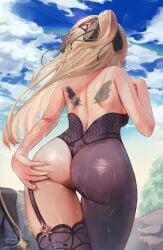 1girls 2022 absurd_res ass back_view big_ass big_butt blonde_hair curvy curvy_figure female female_only fischl_(genshin_impact) genshin_impact hand_on_ass long_hair sky solo solo_female sweat thick_ass thigh_gap thighhighs torriet