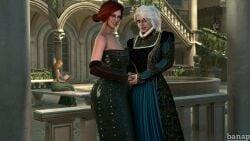 2girls 3d 3d_(artwork) banap blender blender_(software) ciri dress green_eyes hazel_eyes holding_hands pale_skin red_hair the_witcher_(series) the_witcher_3:_wild_hunt triss_merigold white_hair