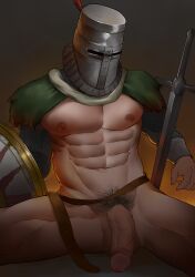 abs belt big_penis bottomless chainmail circumcised dark_souls flaccid fromsoftware functionally_nude fur_collar fur_trim helmet knight male male_only male_pubic_hair mask masked masked_male mostly_nude muscular muscular_male pecs penis pubic_hair saury solaire_of_astora solo spread_legs sword uncensored veiny_penis