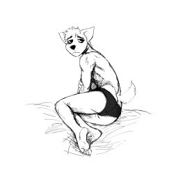 2020 anthro back_view canine crossdressing curled_up daniel_(hladilnik) hladilnik looking_back monochrome over_shoulder panties sad sad_face solo_male