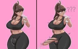 1futa balls big_breasts big_penis brown_eyes brown_hair bulge bulge_through_clothing clothed clothing cum cum_inducing_juice dark-skinned_futanari dark_skin drinking ejaculation erect_penis erection erection_under_clothes fully_clothed futa_only futanari gym_clothes hands-free handsfree_ejaculation horny human humanoid_penis juice_that_makes_you_cum leggings long_hair mostly_clothed orgasm orgasm_without_stimulation penis_bulge penis_out ponytail ripped_clothing ripped_pants solo solo_futa spontaneous_ejaculation sports_bra standing sunk118 testicles thick_thighs wide_hips yoga_pants