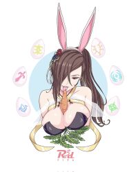 1girls :p alternate_costume animal_ears bangs bare_shoulders between_breasts breasts brown_eyes brown_hair bunny_ears bunny_girl bunnysuit carrot cleavage collarbone corset easter easter_egg eating egg fellatio female female_only fire_emblem fire_emblem_fates fire_emblem_heroes food hair_ornament hair_over_one_eye highres jewelry kagero_(fire_emblem) kagero_(spring)_(fire_emblem) large_breasts licking licking_penis long_hair necklace ninja nintendo official_alternate_costume open_mouth oral paizuri penis_lick playboy_bunny ponytail r3dfive sexually_suggestive solo spring_(season) strap suggestive tongue tongue_out