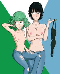 2girls alzar arm_under_breasts big_breasts breast_size_difference breasts casual_topless female female_only fubuki_(one-punch_man) jeans looking_away multiple_girls nipples one-punch_man pink_nipples posing sisters small_breasts tagme tatsumaki topless topless_female