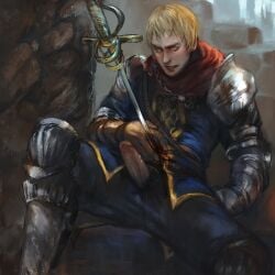 1boy armor bifil bleeding blonde_hair blood dark_souls defeated detailed erect_penis erection fromsoftware helmet_removed injury knight male male_only painting painting_artwork penis penis_out solo spread_legs stabbed sword uncensored undead_prince_ricard weapon