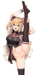 akai_haato black_dress blonde_hair blue_eyes cinomoon cute happy hololive hololive_gen_1 hololive_japan leg_up nopan smile spread_legs standing standing_on_one_leg standing_split uncensored virtual_youtuber