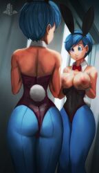 back_view blue_eyes blue_hair breast_grab bulma_(bunny) bulma_briefs bunny_ears bunny_tail bunnysuit dragon_ball dragon_ball_super dragon_ball_z elitenappa female female_only holding_breast mirror nipples smile