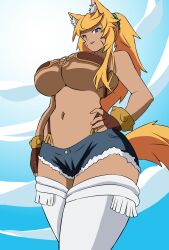 1girls animal_ears big_breasts blonde_female blonde_hair blue_eyes breasts busty cleavage dark-skinned_female dark_skin denim denim_shorts fangs female female_only fingerless_gloves gloves hand_on_hip highres huge_breasts legs liru long_hair looking_at_viewer midriff navel o-ring o-ring_top open_mouth ponytail pose renkin_san-kyuu_magical_pokaan seductive seductive_smile sensual shorts smile solo standing suspenders tail thighhighs thighs underboob voluptuous wolf_ears wolf_tail