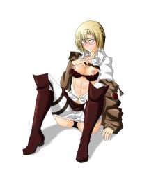 1girls abs attack_on_titan blonde_hair blush bra breasts collarbone erect_nipples glasses hi_res midriff nipples partially_clothed rico_brzenska shingeki_no_kyojin short_hair stealthcat white_background